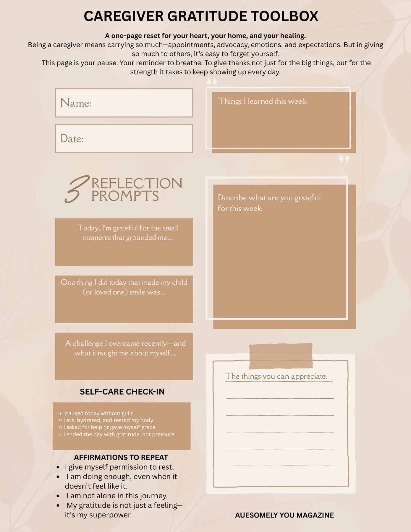 Caregiver Gratitude Toolbox | A One-Page Reset for the Heart magazine cover
