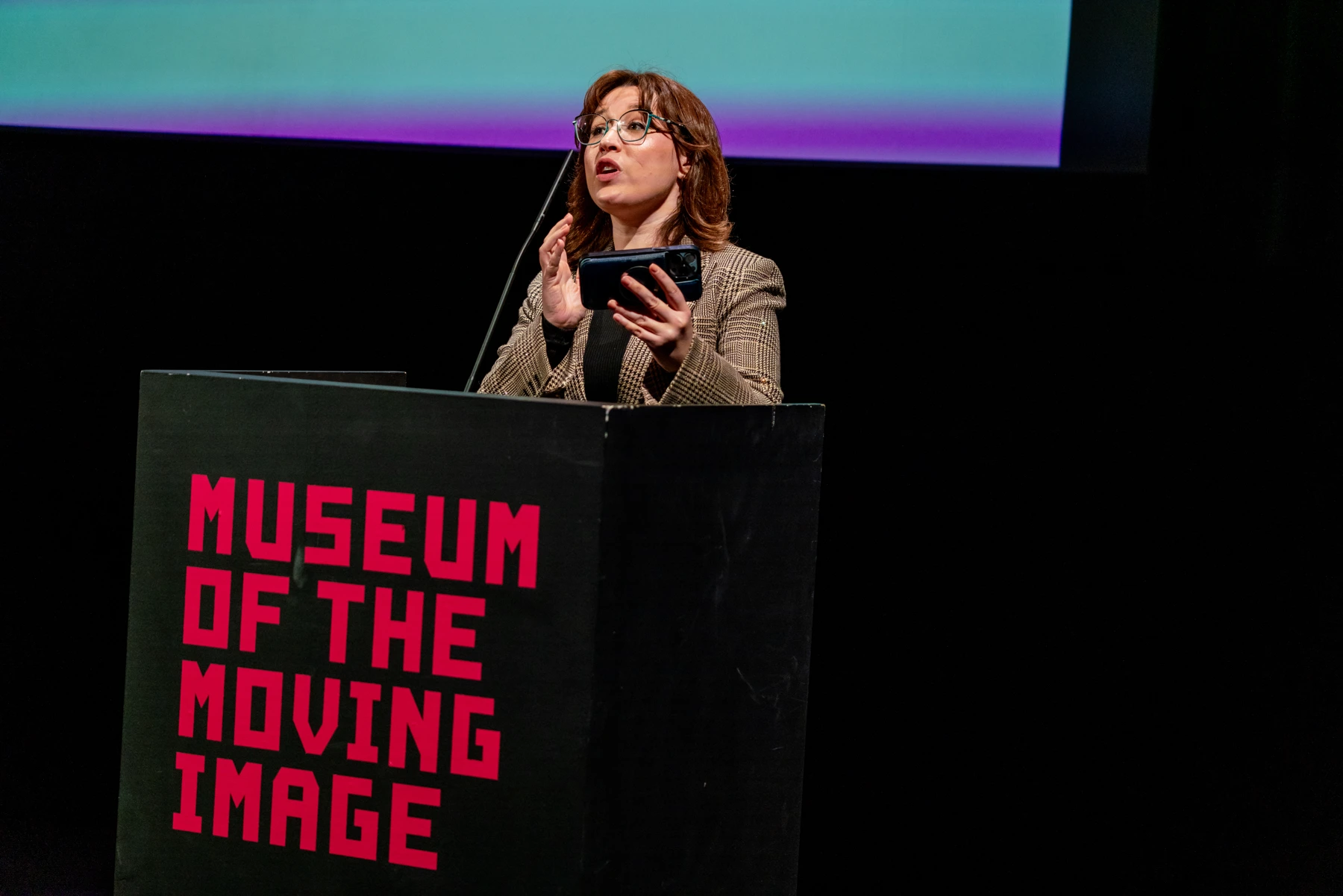 Dani Bowman speaking at the Museum of the Moving Image in March 2026