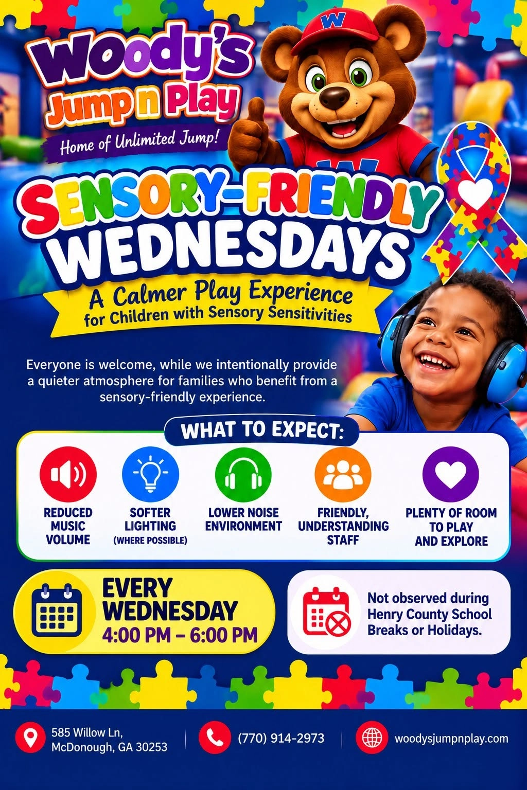Woody’s Jump n Play promotional flyer, supplied by the publisher. Illustrated advertising artwork, not an event photograph.